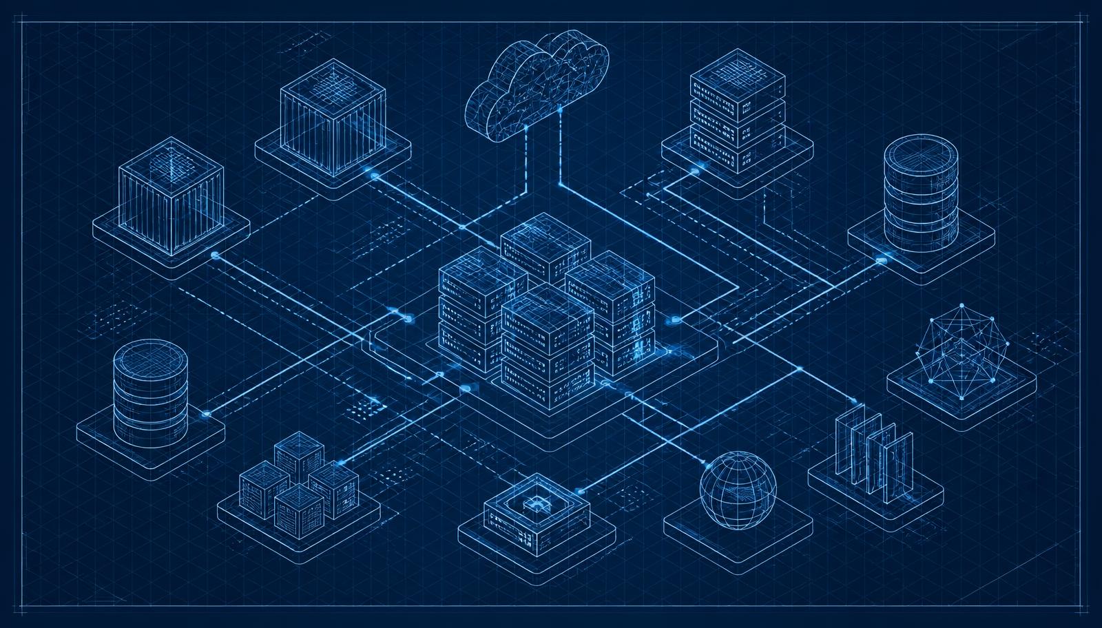 Isometric blueprint diagram of a distributed system with application nodes, databases, containers and network paths