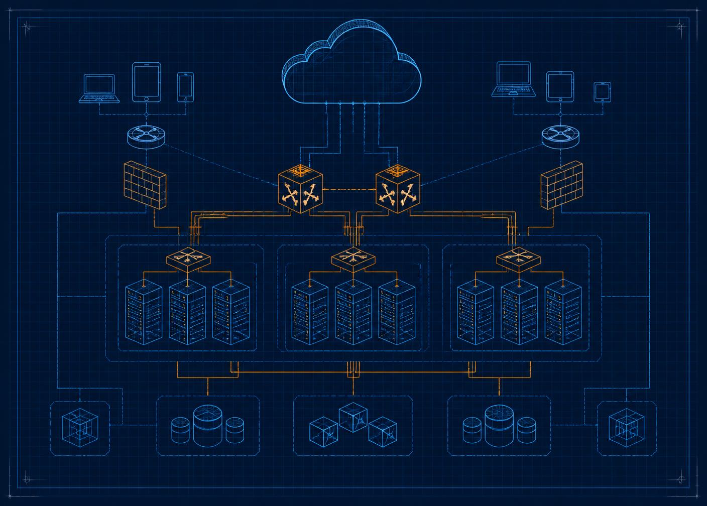 Blueprint schematic of cloud infrastructure showing client devices, firewalls, switching layers, server racks and storage