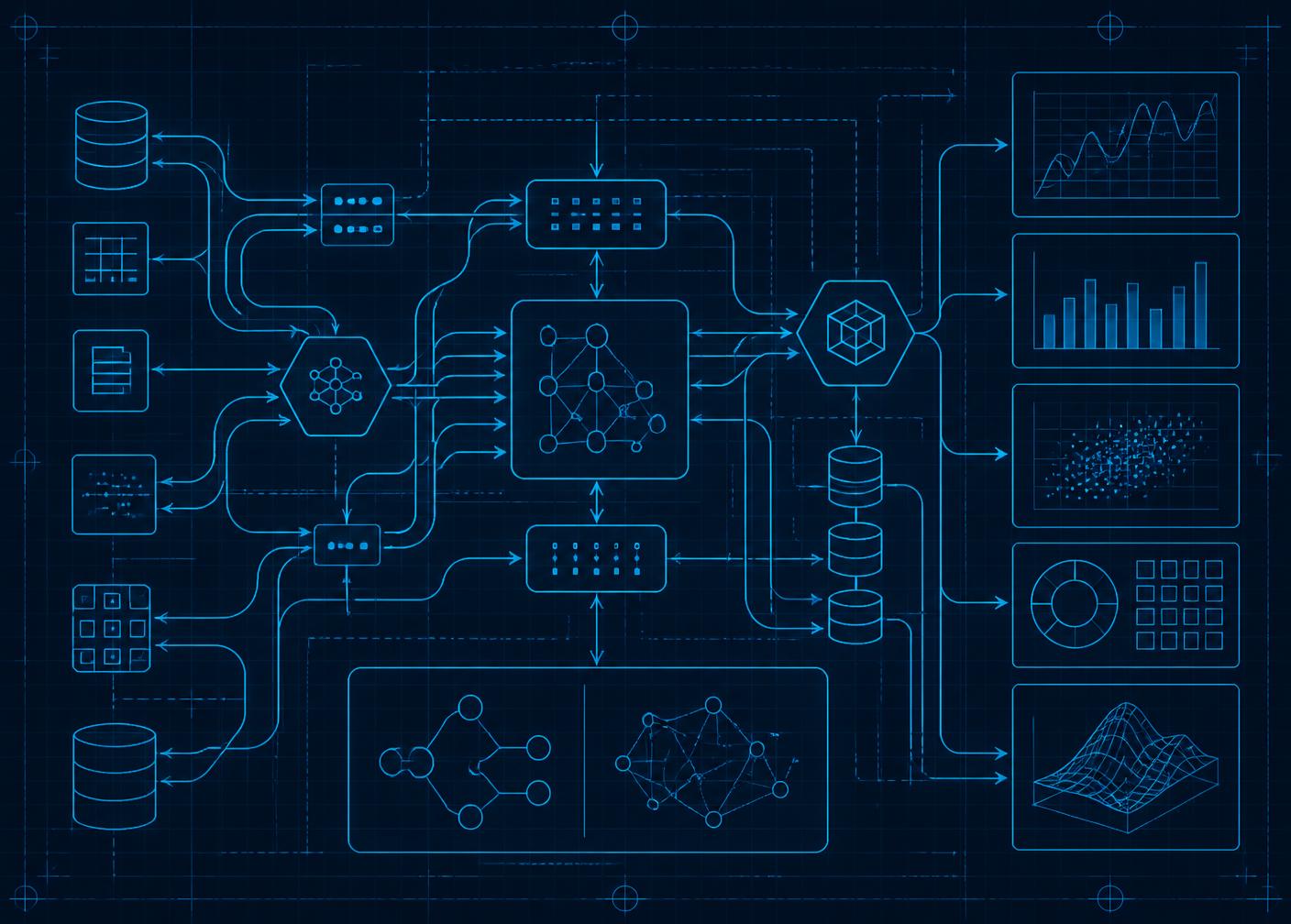 Technical blueprint of a data pipeline connecting sources, processing nodes, storage and analytical outputs