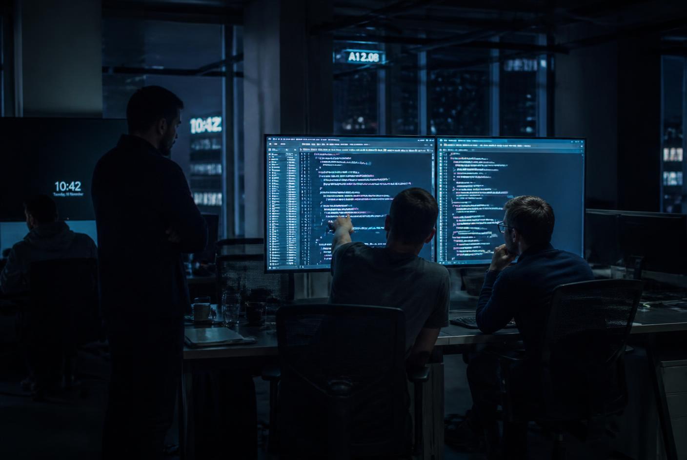 Three software engineers reviewing source code together on large monitors in a dark office