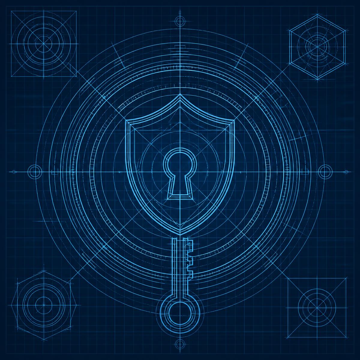 Blueprint drawing of layered security controls represented as concentric rings around a shield and key