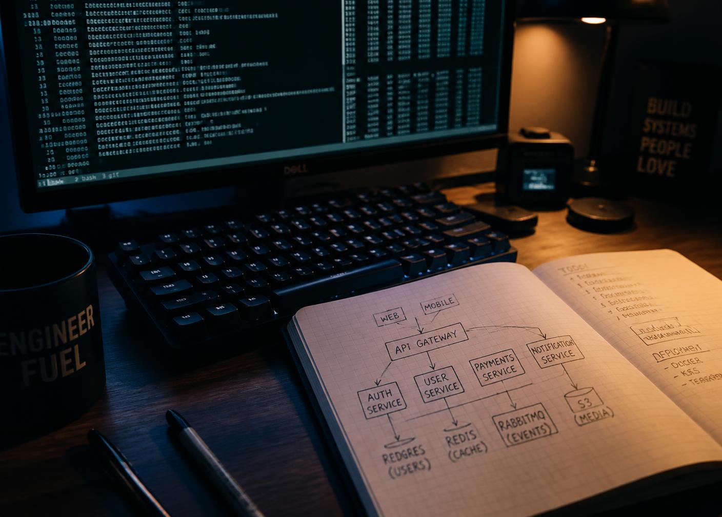 Engineer's desk at night with a notebook of hand-drawn service architecture diagrams beside a terminal window